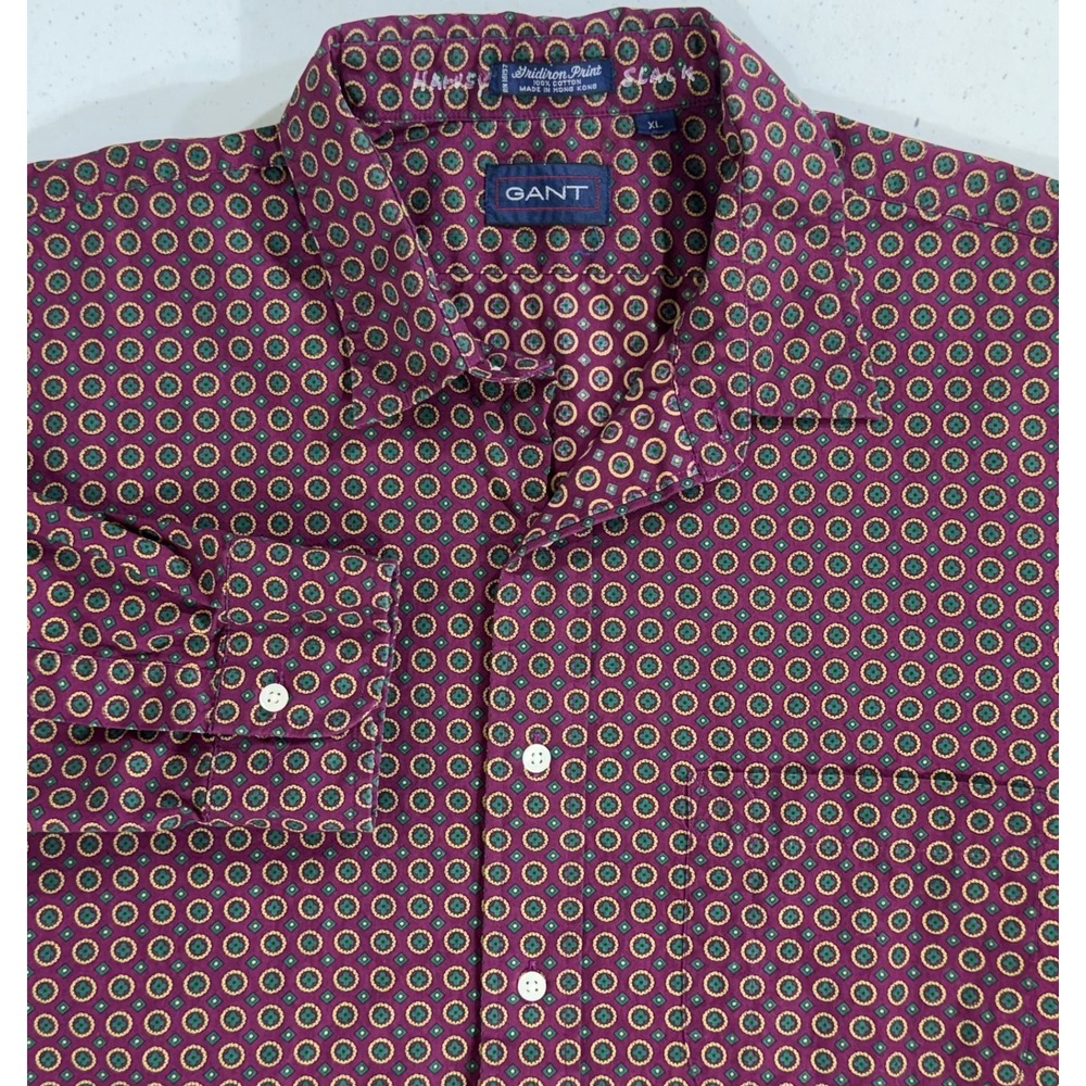 Gant Button Down Shirt XL Burgundy‎ Gridiron Print Geometric Cotton Vintage 90s